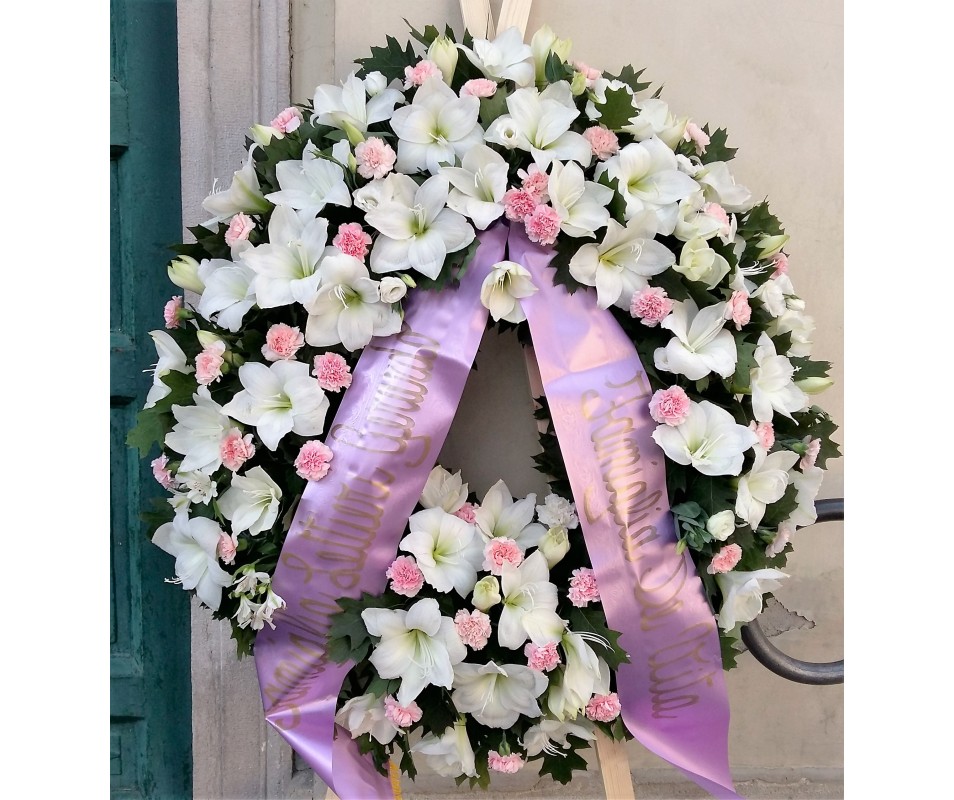 Corona funebre di fiori  bianchi e rosa